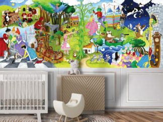 Story Time Wall Mural, as seen on the wall of this nursery, is a fairytale wallpaper featuring characters such as Cinderella, Snow White and the Seven Dwarfs, Rapunzel, Jack and the Beanstalk, Little Red Riding Hood, Humpty Dumpty, Three Blind Mice, Hansel and Gretel, Princess and the Pea and more from About Murals.
