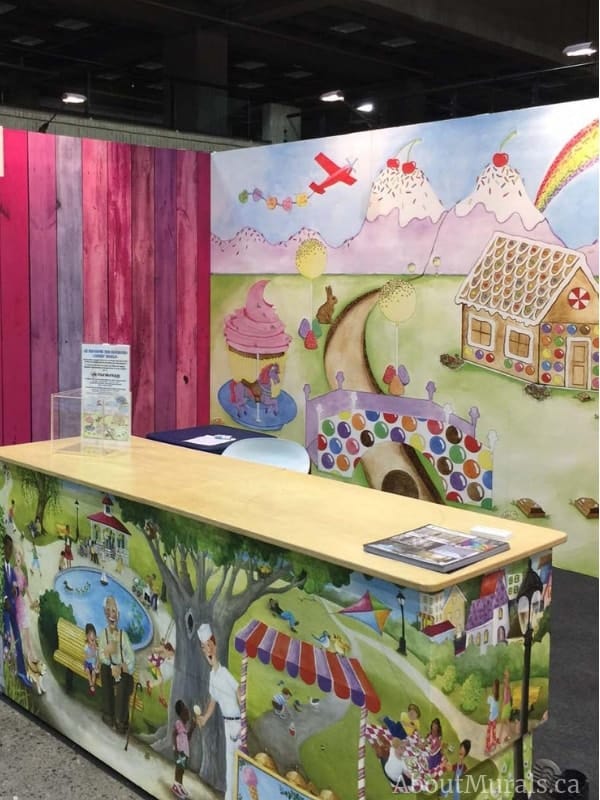 Sunday at the Park Wall Mural, as seen at this home show, features children enjoying ice cream, picnics, a kite and music in a park. Kids wallpaper sold by AboutMurals.ca.