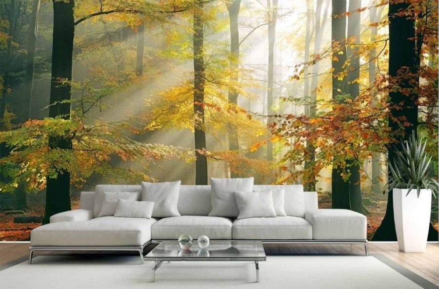 Sunny Autumn Wallpaper, as seen on the wall of this fall themed living room, is a photo mural of sun shining through yellow and green trees in a forest from About Murals.