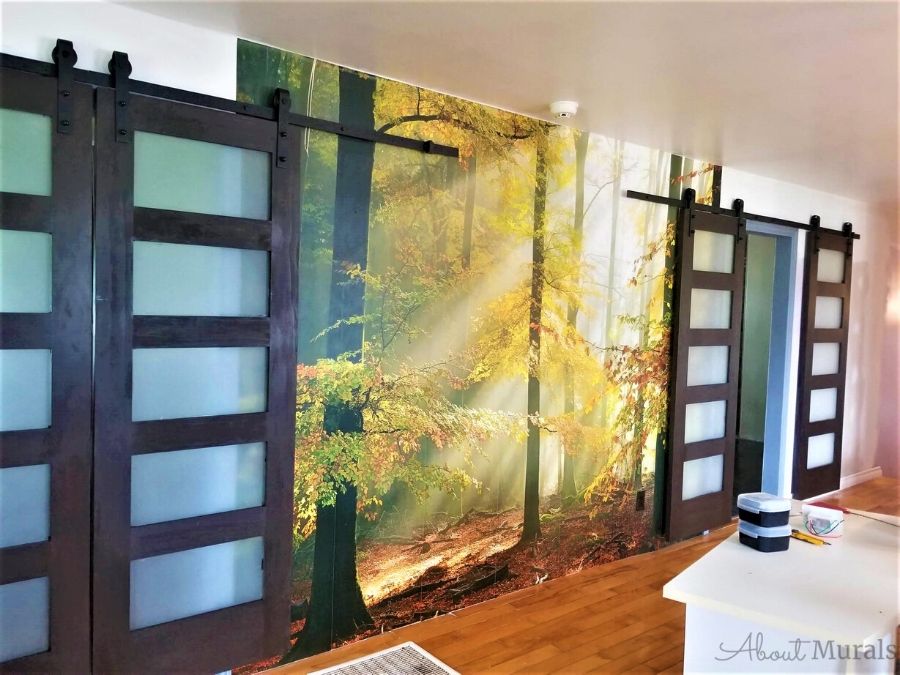 Sunny Autumn Wallpaper, as seen on the wall of this fall themed room with sliding barn doors, is a photo mural of sunlight shining through gold trees in a forest from About Murals.
