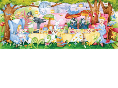 Tea Party Wall Mural is a fairytale wallpaper featuring Alice in Wonderland, the Queen of Hearts, Cheshire Cat, Mad Hatter and Caterpillar from About Murals.