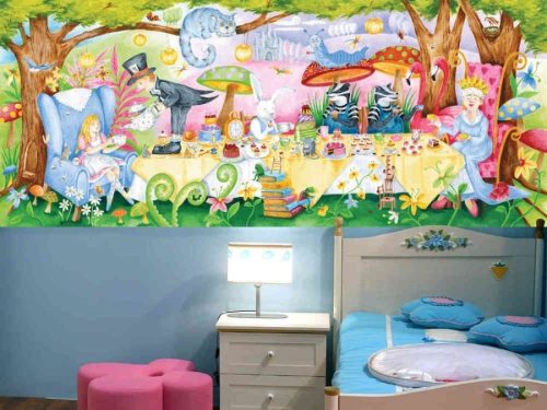 Tea Party Wall Mural, as seen in this bedroom, is an Alice in Wonderland wallpaper for kids from About Murals.