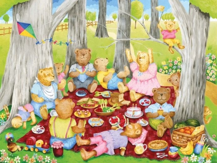 Teddy Bear Picnic Wallpaper is a kids mural featuring cute bears eating treats in a forest from About Murals.