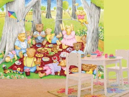 Teddy Bear Picnic Wallpaper, as seen on the wall of this kids room, features cute bears enjoying sandwiches, cake, cupcakes, fruit and lemonade from About Murals.