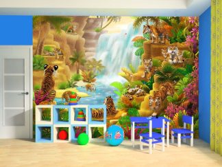 Tiger Paradise Wall Mural, as seen on the wall of this kids room, is a wallpaper with cute tigers lounging near a waterfall in a lush jungle from About Murals.