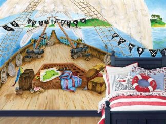 Treasure Island Wall Mural, as seen in this bedroom, is a pirate ship wallpaper with a plank, cannon, treasure chest and map from About Murals.