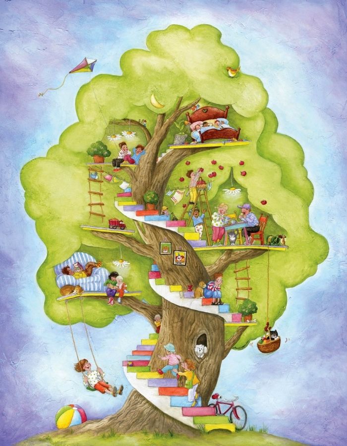 Tree House Wall Mural is a kids wallpaper with children climbing, reading, swinging and playing in a tree from About Murals.