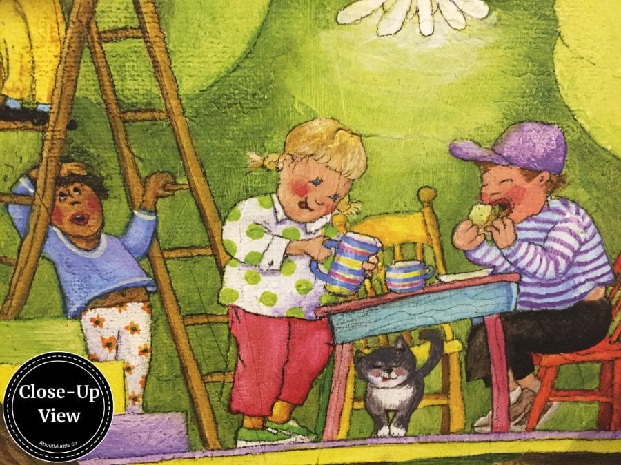 A close-up of kids eating at snack time in a treehouse wall mural from About Murals.