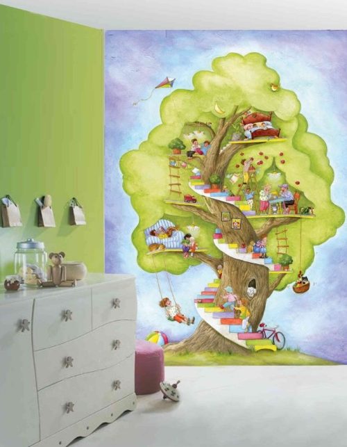 Tree House Wall Mural, as seen in this kids bedroom, is a wallpaper with children playing in a tree from About Murals.