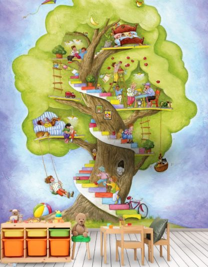 Tree House Wall Mural, as seen in this kids room, is a Canadian made wallpaper featuring children napping, snacking, reading and playing in a green tree house from About Murals.