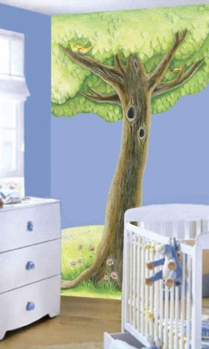 Kids Tree Wall Mural, as seen in this nursery, is a kids wallpaper with birds and rabbits under a tree from About Murals.