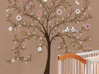 Tree of Life Brown Wall Mural, as seen on the wall of this nursery, is a kids wallpaper of a whimsical tree full of flowers, butterflies and birds from About Murals.