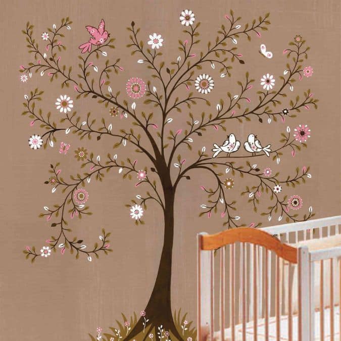Tree of Life Brown Wall Mural, as seen on the wall of this nursery, is a kids wallpaper of a whimsical tree full of flowers, butterflies and birds from About Murals.