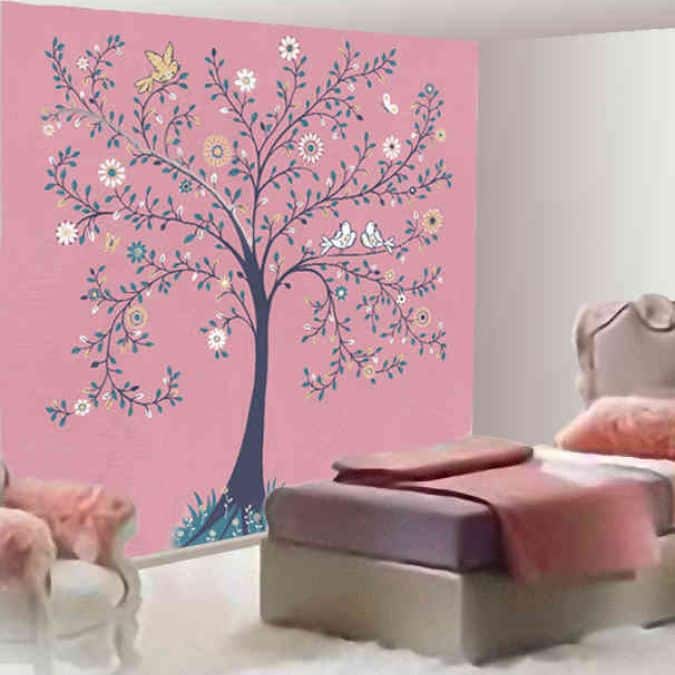 Tree of Life Pink Wall Mural, as seen on the wall of this bedroom, is a kids wallpaper grey leaves, blossoms, birds and butterflies on a pink background from About Murals.