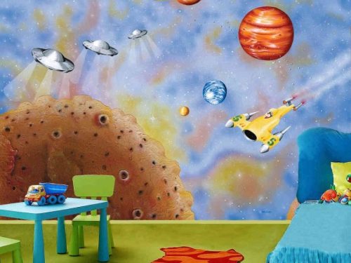 UFO Wallpaper, as seen on the wall of this kids room, is a space mural featuring UFOs and spaceships flying among stars and planets in outer space from About Murals.