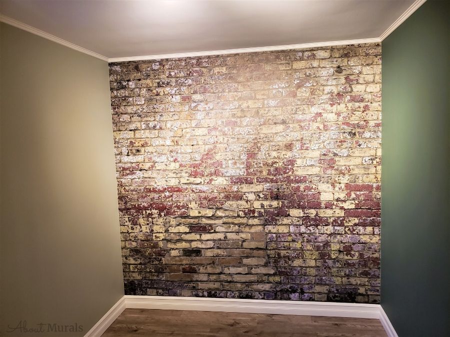 Vintage Brick Wallpaper, as seen on this wall, creates an industrial, textured look. Brick wallpaper sold by AboutMurals.ca.