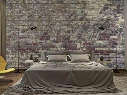 Vintage Brick Wallpaper, as seen on the wall of this bedroom, features aged and textured bricks. Brick wallpaper sold by AboutMurals.ca.