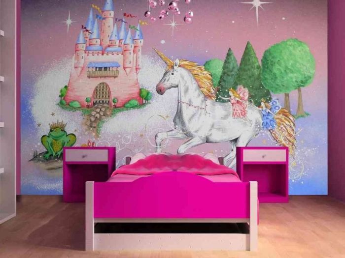 Where is the Princess Wall Mural is a unicorn wallpaper with an enchanted castle, fairies and frog princess from About Murals.