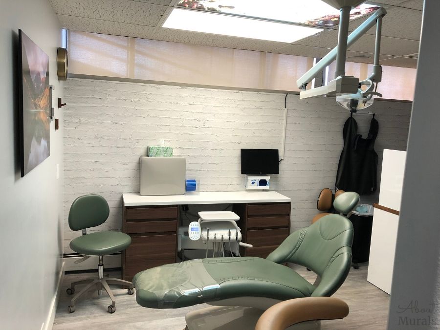 White Brick Wall Mural, as seen in this dental center, adds a ton of texture to walls with its white painted brick. Brick wallpaper sold by AboutMurals.ca.