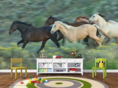 Wild Horse Mural, as seen in this kids room, features a herd of mustangs galloping through a green field from About Murals.