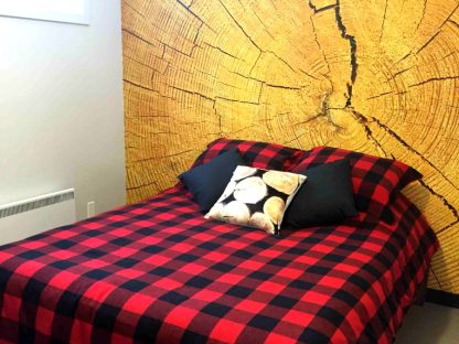 Wood Slab Wallpaper, as seen on the wall of this lumberjack themed bedroom, is a photo mural of a round log wood slice from About Murals.