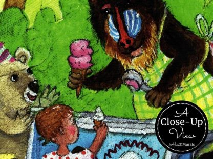 A close-up view of a baboon giving a bear and a child an ice cream cone in a zoo wall mural from About Murals.