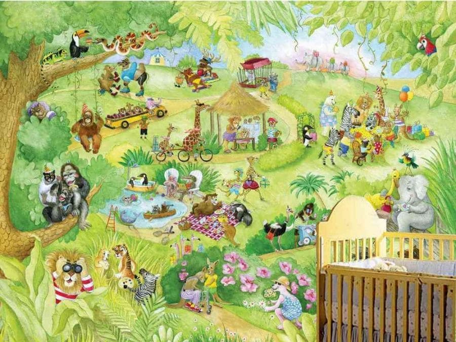 Zoo Wall Mural, as seen in this zoo themed nursery, is an animal wallpaper featuring animals doing the things humans do from About Murals.