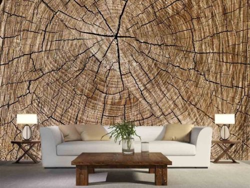 Zoom on a Tree Trunk Wall Mural, as seen in this living room, adds a rustic feeling with its log texture. Log wallpaper sold by About Murals.