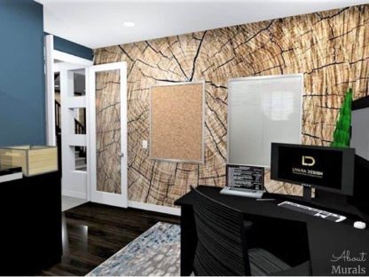Zoom on a Tree Trunk Wall Mural, as seen in this office, creates a textured look with a closeup view of a wooden log. Wood wallpaper from AboutMurals.ca.