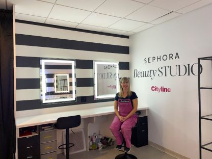 A custom wallpaper printed for a Sephora beauty room by About Murals.