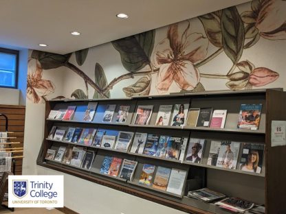 Custom Wallpaper, as seen on the wall of the University of Toronto's Library, of vintage floral pattern created by a graphic designer and printed by About Murals.