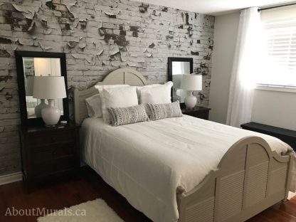 Peeling Paint Brick Wallpaper, as seen in this bedroom, creates a distressed, textured look. White brick wallpaper sold by AboutMurals.ca.