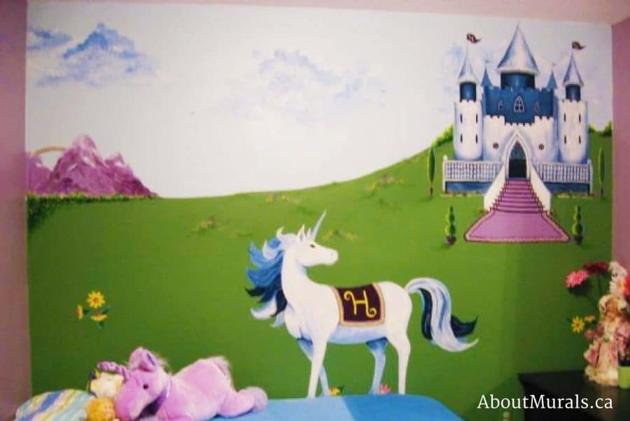 A princess mural featuring a unicorn and castle painted by Adrienne of AboutMurals.ca