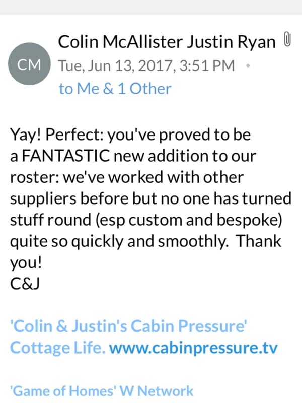An email testimonial for About Murals from Colin and Justin