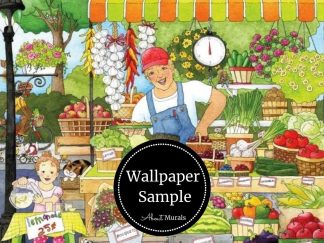 Market Place Wallpaper is a kids mural of a farmer and a girl selling fruit, vegetables, flowers and lemonade at an outdoor food booth. Wallpaper samples available from About Murals.