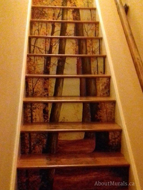 A stair riser wallpaper with a Fall forest theme, sold by AboutMurals.ca