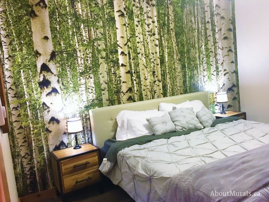 Birch Wallpaper, as seen on the wall of this master bedroom, feels tranquil with its tall, green birch trees. Forest wallpaper sold by AboutMurals.ca.