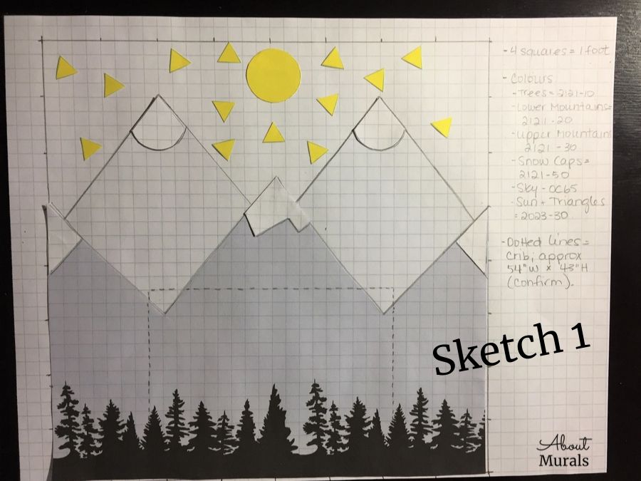 A sketch of a DIY mountain mural by AboutMurals.ca featuring grey geometric shaped mountains and yellow triangles and sun, by AboutMurals.ca