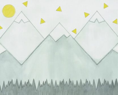 Mountain Mural Wallpaper features grey mountains under a yellow sun and triangles. Removable wallpaper sold by AboutMurals.ca