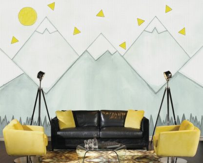 Mountain Mural Wallpaper, as seen in this living room, is a painting of grey mountains under a yellow sun and triangles. Removable wallpaper sold by AboutMurals.ca