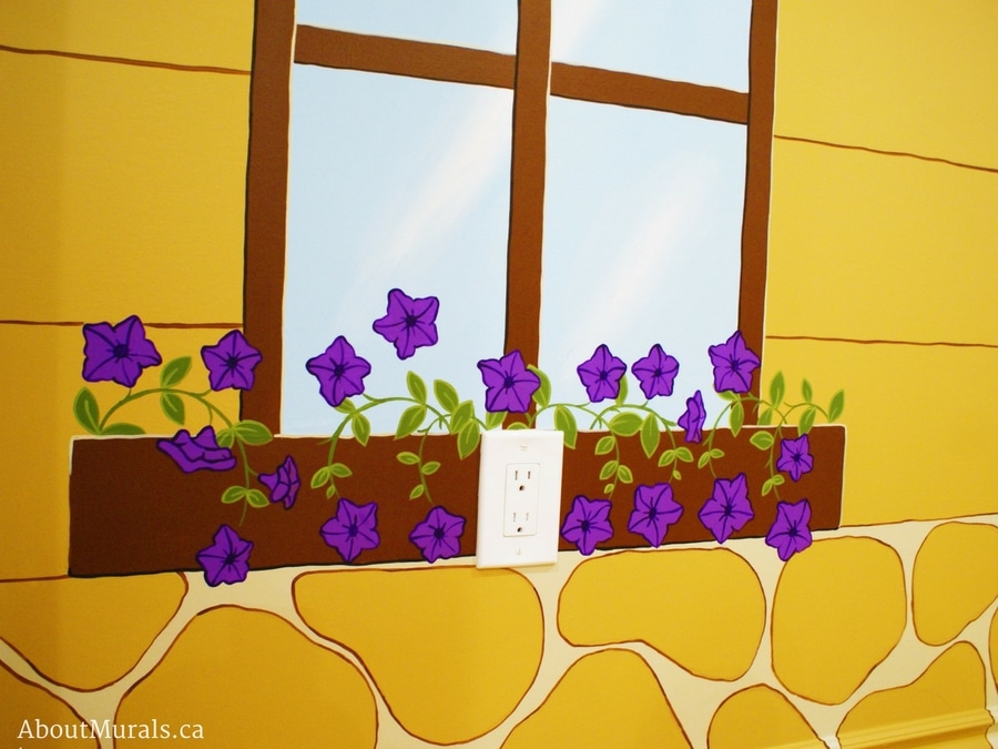 This kids mural features purple petunias in a flower box. Murals painted by Adrienne of AboutMurals.ca