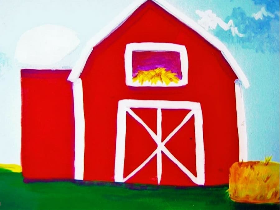 A farm mural featuring a barn, painted by Adrienne of AboutMurals.ca