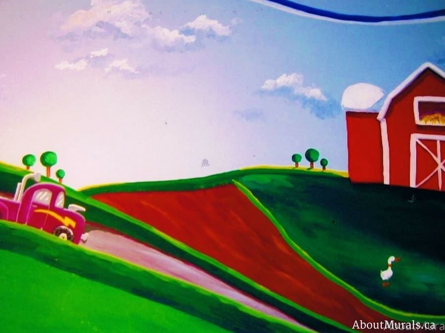 A farm mural featuring a purple truck and red barn, painted by Adrienne of AboutMurals.ca