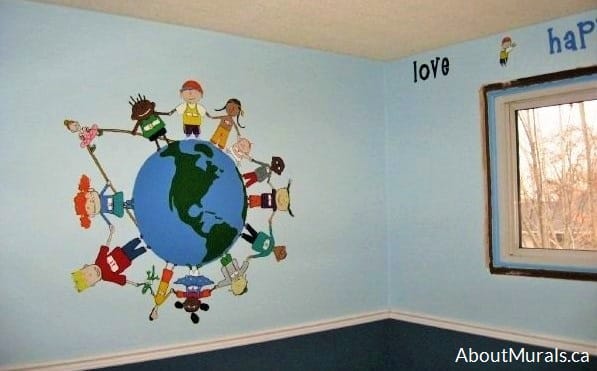 A world mural featuring kids holding hands surrounding the earth, painted by Adrienne of AboutMurals.ca