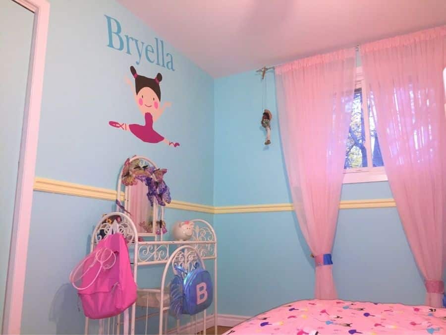 Ballerina Mural, as seen on the wall of this girls bedroom, is hand-painted in Hamilton, Ontario by Adrienne Scanlan of About Murals.