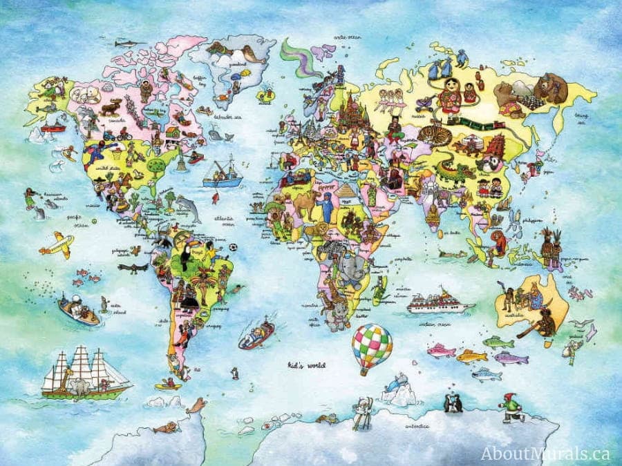 A kids world map wallpaper features animals and people from around the world, sold by AboutMurals.ca featuring people and animals of the world on a map
