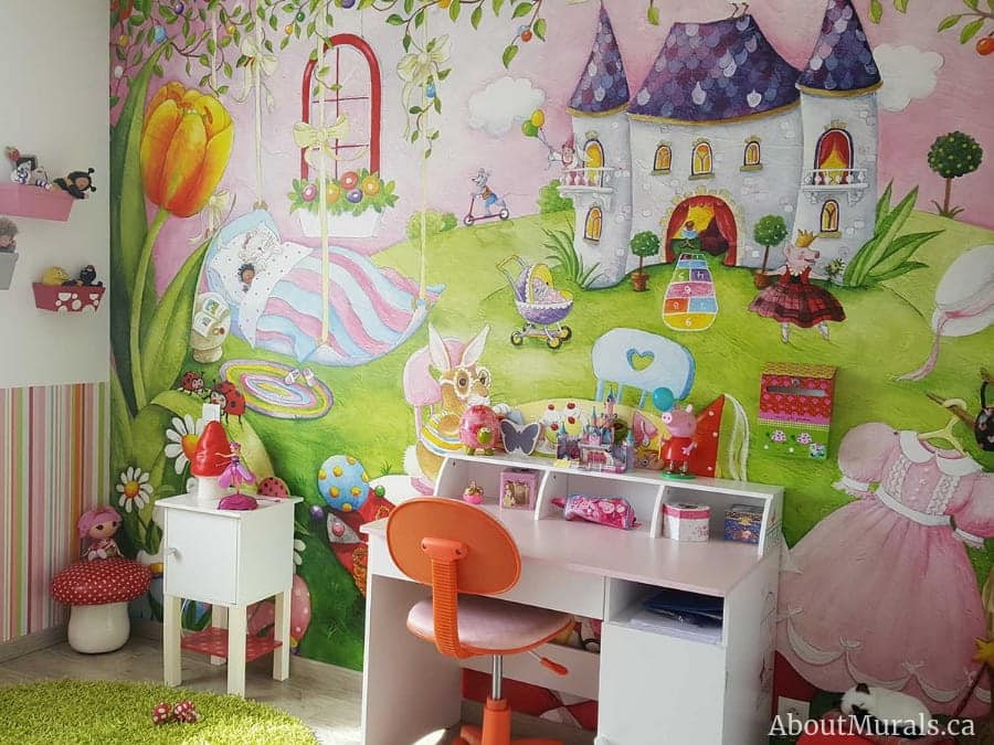 A tea party mural is the backdrop to a homework area in a girl's bedroom. Sold by AboutMurals.ca.