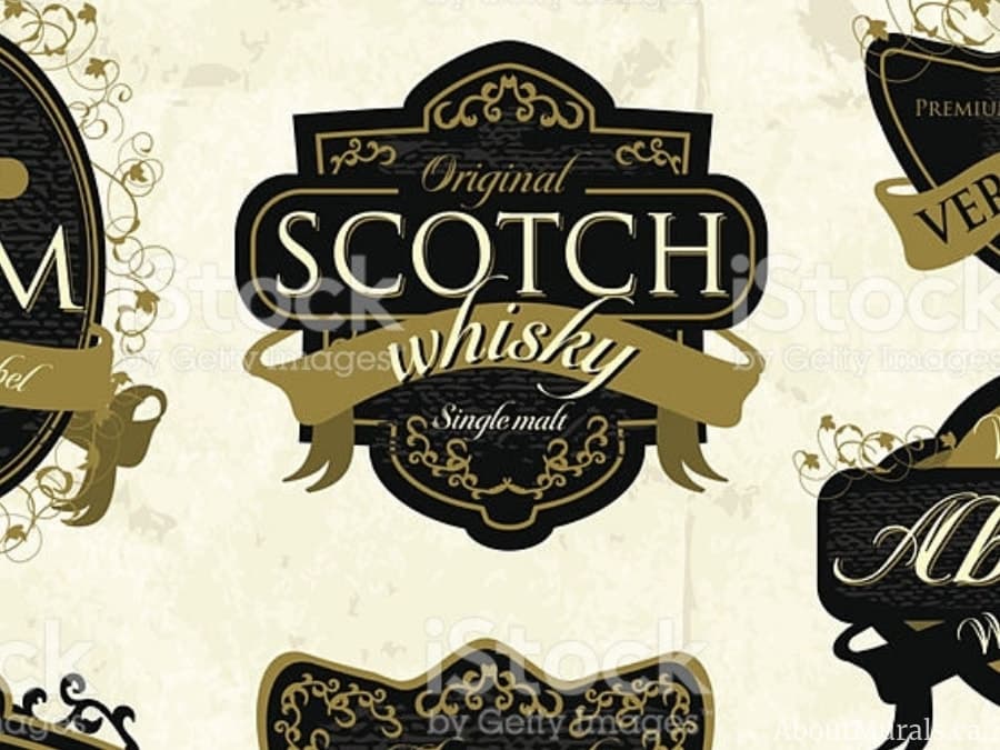 A stock image of a Scotch Whisky label added to a custom wallpaper created by AboutMurals.ca
