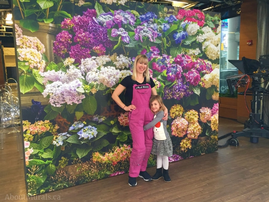 This hydrangea wallpaper was hung by Adrienne and Audrey of AboutMurals.ca on the set of Cityline