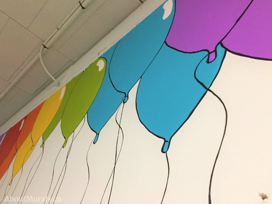 A closeup photo of colourful balloons painted on a wall by muralist Adrienne of AboutMurals.ca